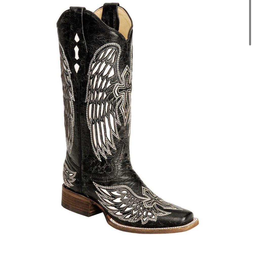 Womens Black, White Cross & Wings Corral Boots A1019